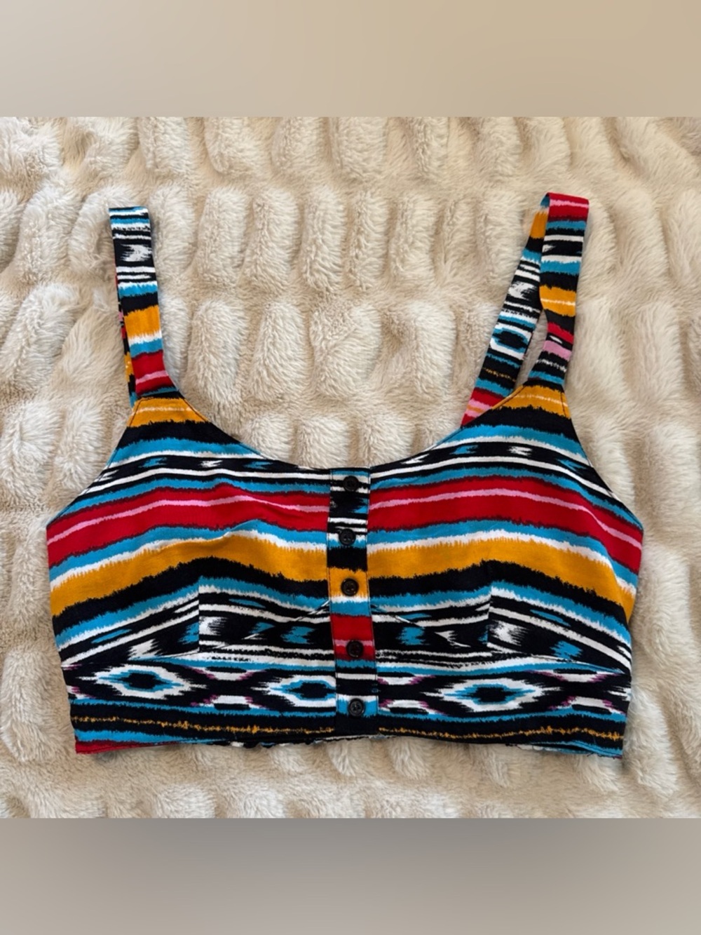 Forever 21 Ikat Stripe Smocked Button Crop Top Size L